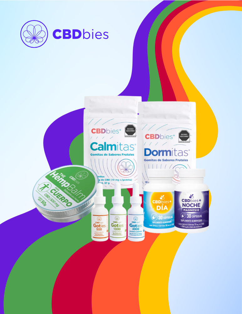 Productos de bienestar CBDbies con extracto de CBD, disponibles en Farmacia DYEPHSA, incluyendo Calmitas, Dormitas y más